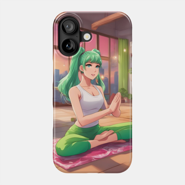 Anime girl with green hair is sitting on a pink yoga mat Phone Case by animegirlnft