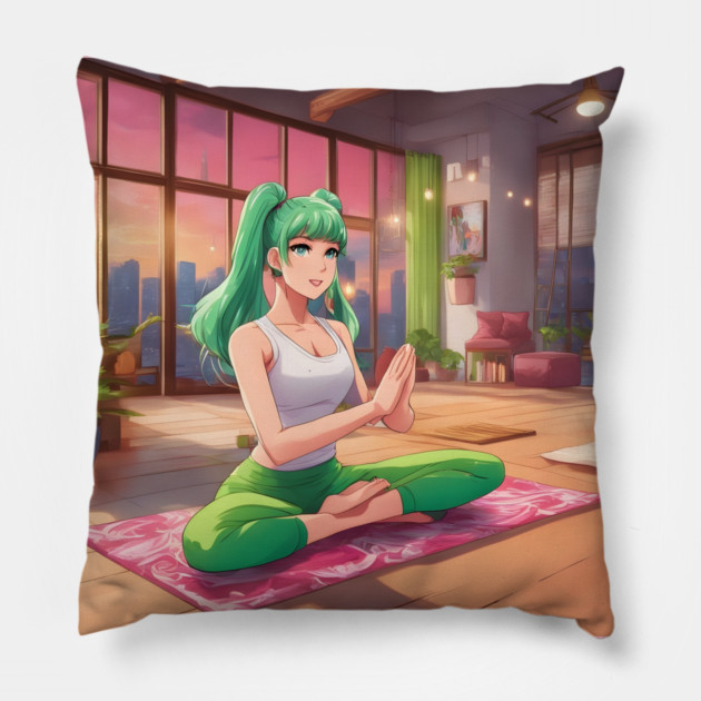 Anime girl with green hair is sitting on a pink yoga mat Pillow by animegirlnft