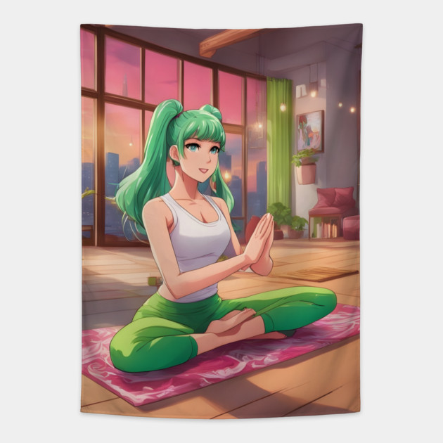 Anime girl with green hair is sitting on a pink yoga mat Tapestry by animegirlnft