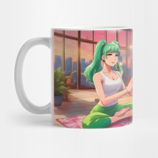 Anime girl with green hair is sitting on a pink yoga mat Mug