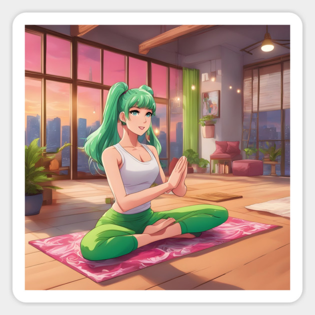 Anime girl with green hair is sitting on a pink yoga mat Sticker by animegirlnft