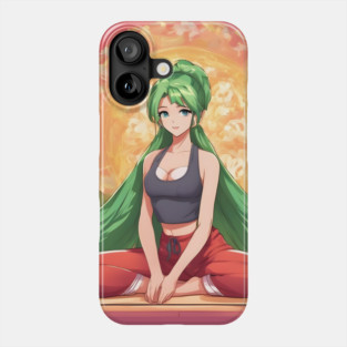Anime girl with green hair is sitting in a lotus position on a yoga mat Phone Case