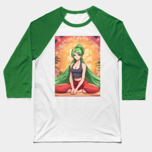 Anime girl with green hair is sitting in a lotus position on a yoga mat Baseball T-Shirt