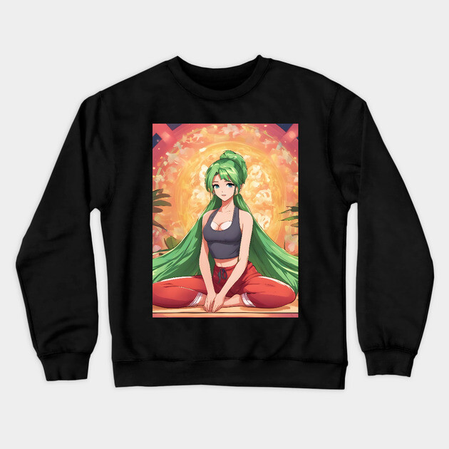 Anime girl with green hair is sitting in a lotus position on a yoga mat Crewneck Sweatshirt by animegirlnft