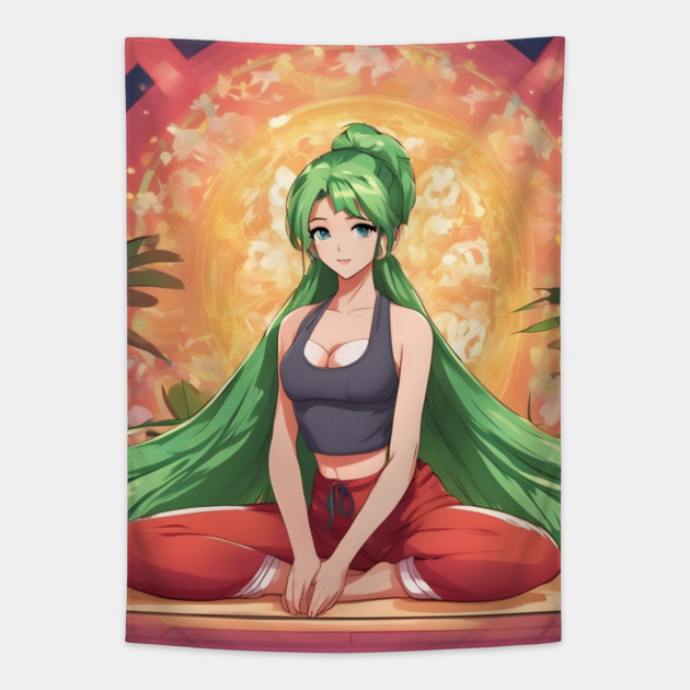Anime girl with green hair is sitting in a lotus position on a yoga mat Tapestry by animegirlnft