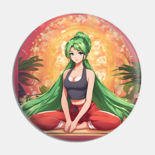 Anime girl with green hair is sitting in a lotus position on a yoga mat Pin by animegirlnft