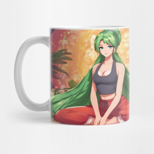 Anime girl with green hair is sitting in a lotus position on a yoga mat Mug