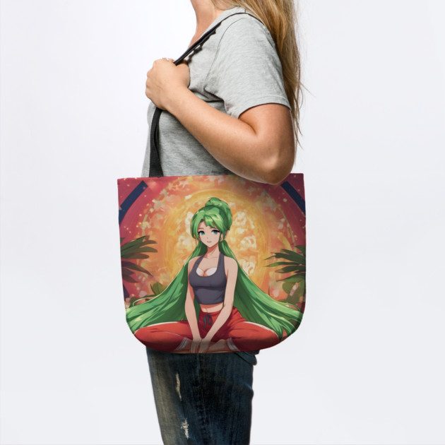 Anime girl with green hair is sitting in a lotus position on a yoga mat by animegirlnft