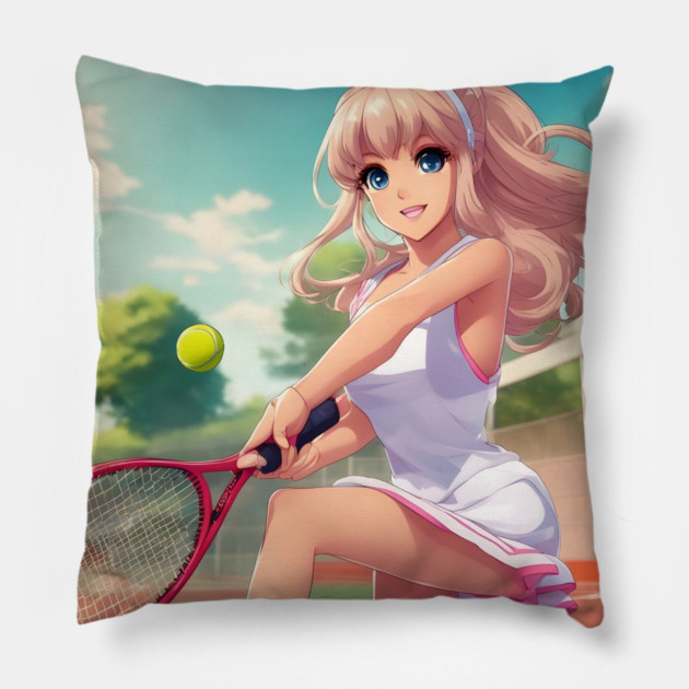 anime girl holding a tennis racquet Pillow by animegirlnft