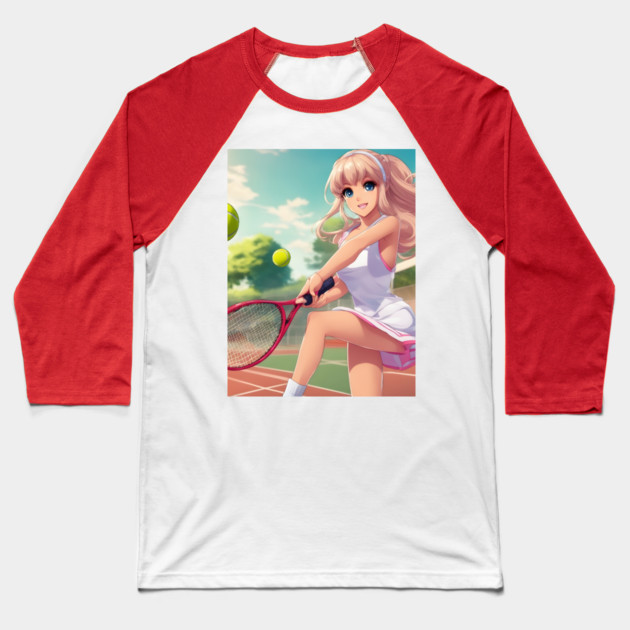 anime girl holding a tennis racquet Baseball T-Shirt by animegirlnft