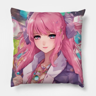 Anime school teenage girl with pink hair Pillow