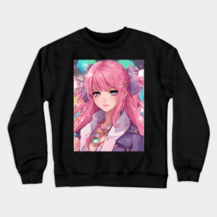 Anime school teenage girl with pink hair Crewneck Sweatshirt