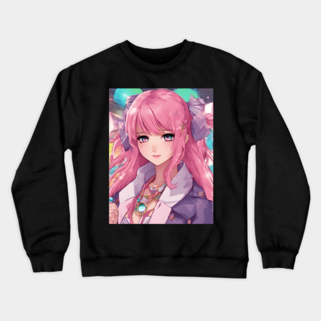 Anime school teenage girl with pink hair Crewneck Sweatshirt by animegirlnft