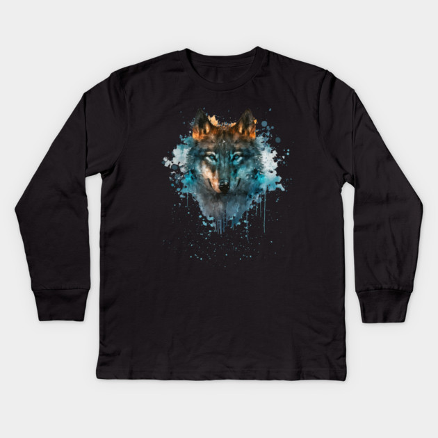 Blue Eyed Wolf Splatter Art Kids Long Sleeve T-Shirt by HolidayBug