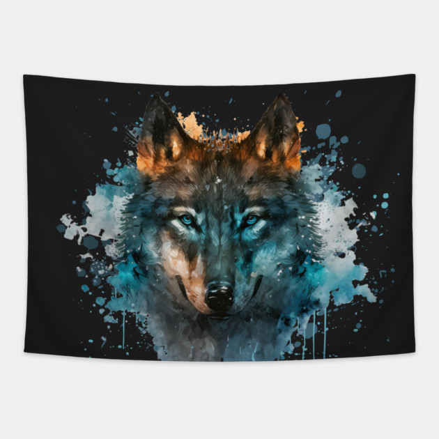 Blue Eyed Wolf Splatter Art Tapestry by HolidayBug