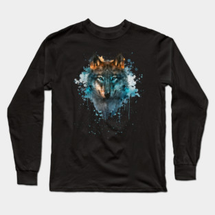 Blue Eyed Wolf Splatter Art Long Sleeve T-Shirt