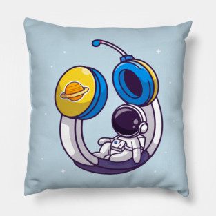Cute Astronaut Sitting On Headphone In Space Cartoon Pillow