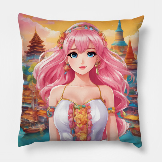Beautiful pink hair anime princess Pillow by animegirlnft