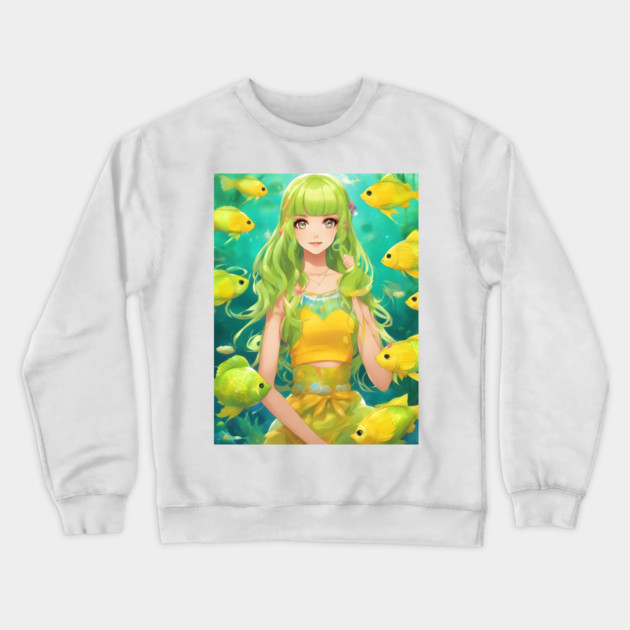 anime girl  collorfull with fish manga Crewneck Sweatshirt by animegirlnft