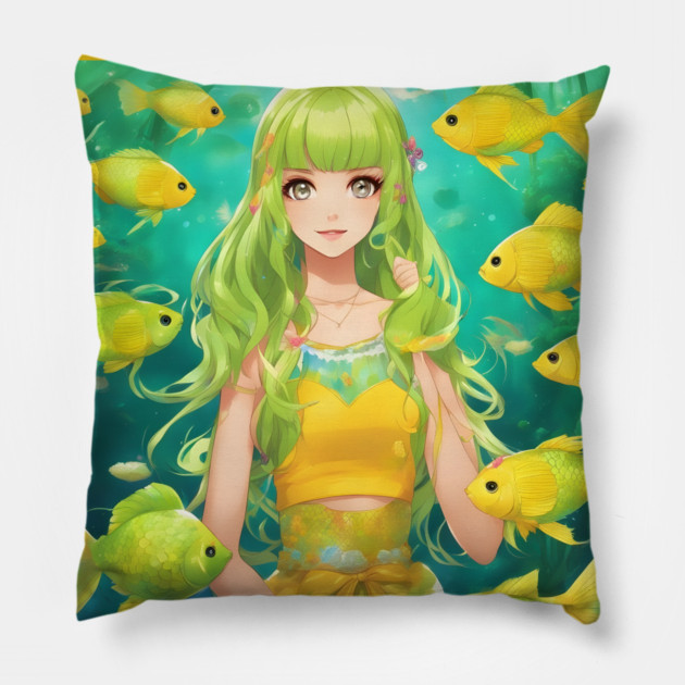 anime girl  collorfull with fish manga Pillow by animegirlnft