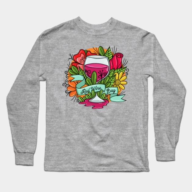 Retro Red Wine Day, floral arsty wine Long Sleeve T-Shirt by HolidayBug