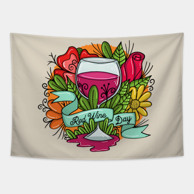 Retro Red Wine Day, floral arsty wine Tapestry by HolidayBug