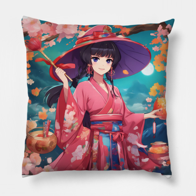 Manga girl  pink hat  dress elegant Pillow by animegirlnft