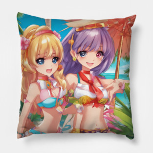 Anime girls wear bikni on  beach Pillow