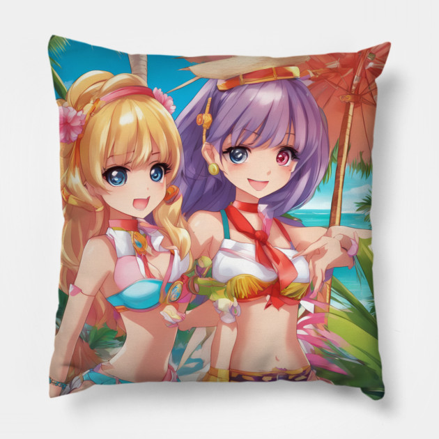 Anime girls wear bikni on  beach Pillow by animegirlnft