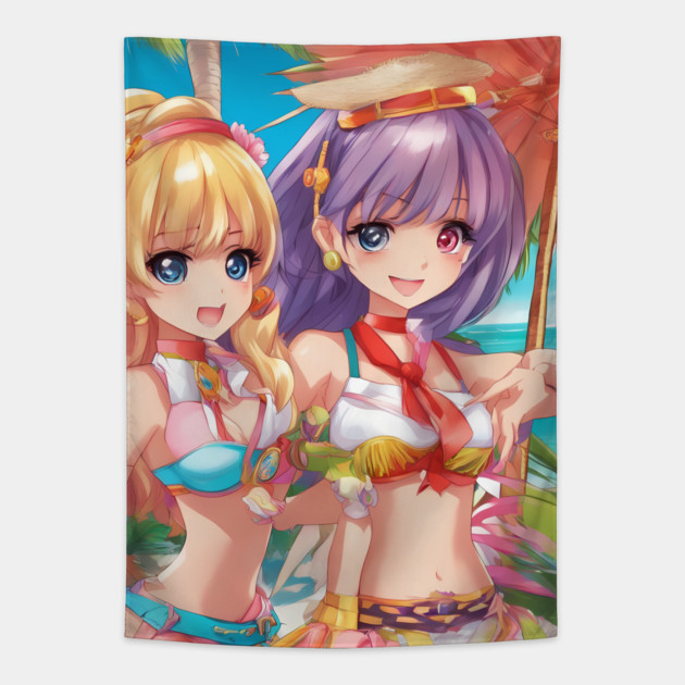 Anime girls wear bikni on  beach Tapestry by animegirlnft