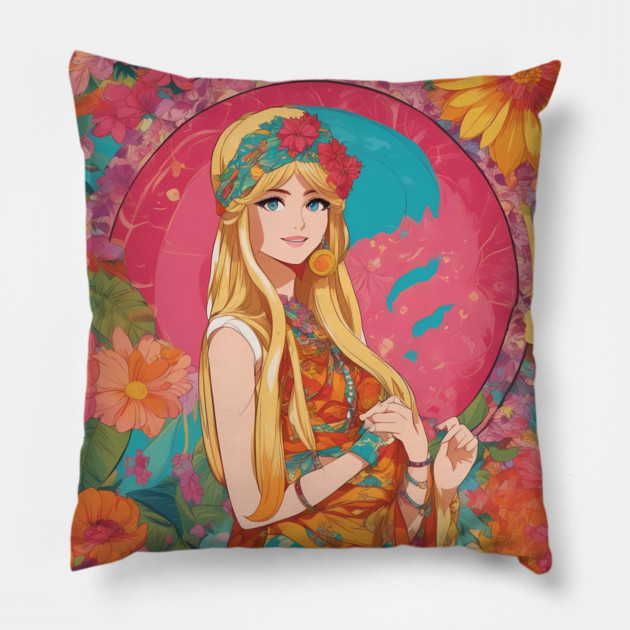 Anime Adventures  react anime girl bali style dress collorful Pillow by animegirlnft