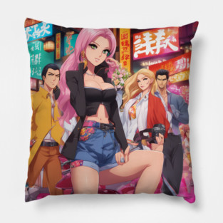 Hip Hop Anime Girl Squad: Cute and Colorful Pillow