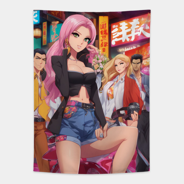 Hip Hop Anime Girl Squad: Cute and Colorful Tapestry by animegirlnft