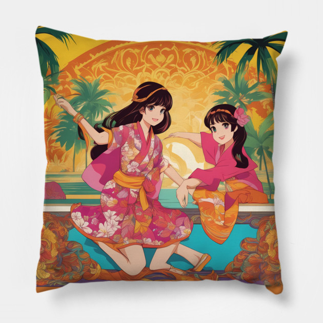 Deam Anime Girls Adventures Bali sytle Pillow by animegirlnft