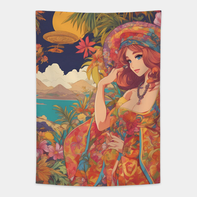 Manga Madness: Colorful Anime Girl Tapestry by animegirlnft