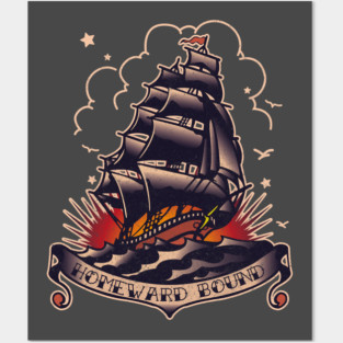 Traditional Tattoo Ship and sunset Homeward Bound Posters and Art
