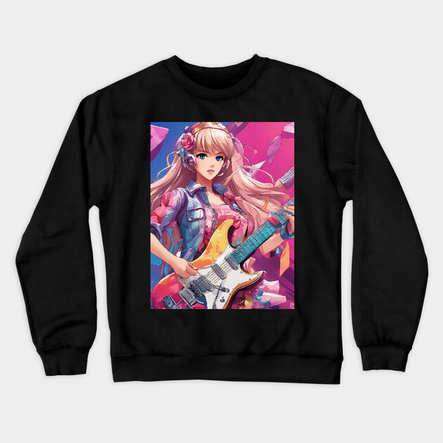 Rockstar anime girl who shreds on the guitar. Crewneck Sweatshirt by animegirlnft