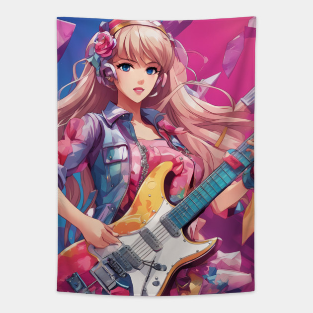 Rockstar anime girl who shreds on the guitar. Tapestry by animegirlnft
