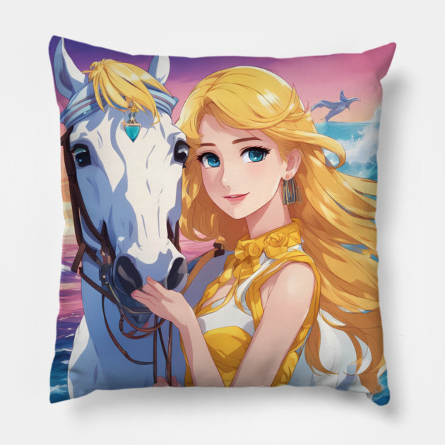 Adventure Anime Girl With Hourse Pillow by animegirlnft
