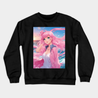 Anime Girl Graphic Colorful  hair and Eye-Catching Design for Any Outfit Crewneck Sweatshirt