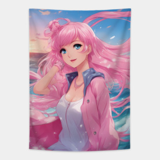 Anime Girl Graphic Colorful  hair and Eye-Catching Design for Any Outfit Tapestry