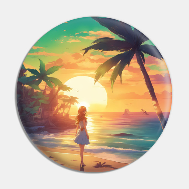 Hot Anime Girl Dream Sunset with Coconut Tree Pin by animegirlnft