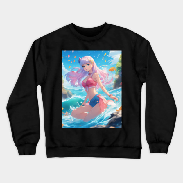 Adventures Anime Girl Swimming ON The Beach Player sand Crewneck Sweatshirt by animegirlnft