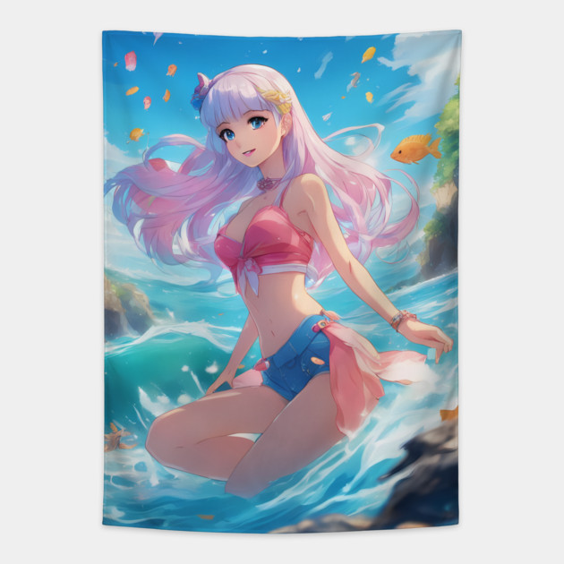 Adventures Anime Girl Swimming ON The Beach Player sand Tapestry by animegirlnft