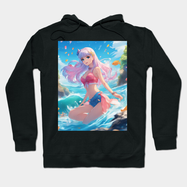 Adventures Anime Girl Swimming ON The Beach Player sand Hoodie by animegirlnft