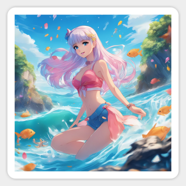 Adventures Anime Girl Swimming ON The Beach Player sand Sticker by animegirlnft