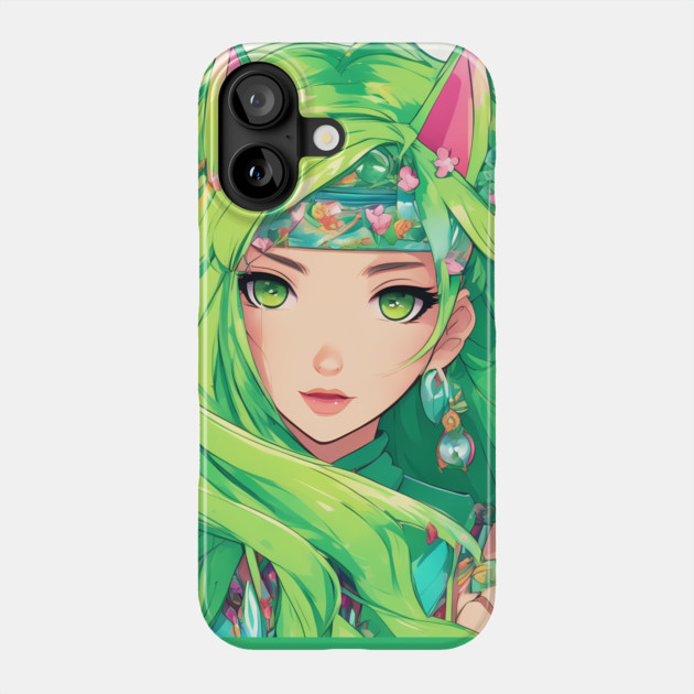 Manga Magic Whimsical Anime Girl Green Hair Pose Phone Case by animegirlnft
