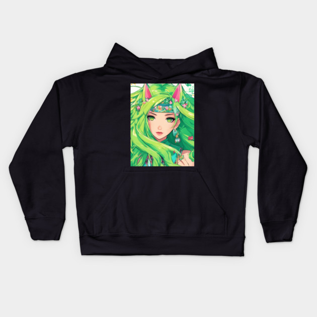 Manga Magic Whimsical Anime Girl Green Hair Pose Kids Hoodie by animegirlnft