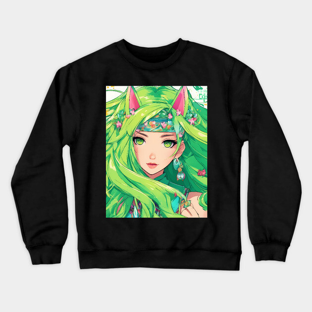 Manga Magic Whimsical Anime Girl Green Hair Pose Crewneck Sweatshirt by animegirlnft
