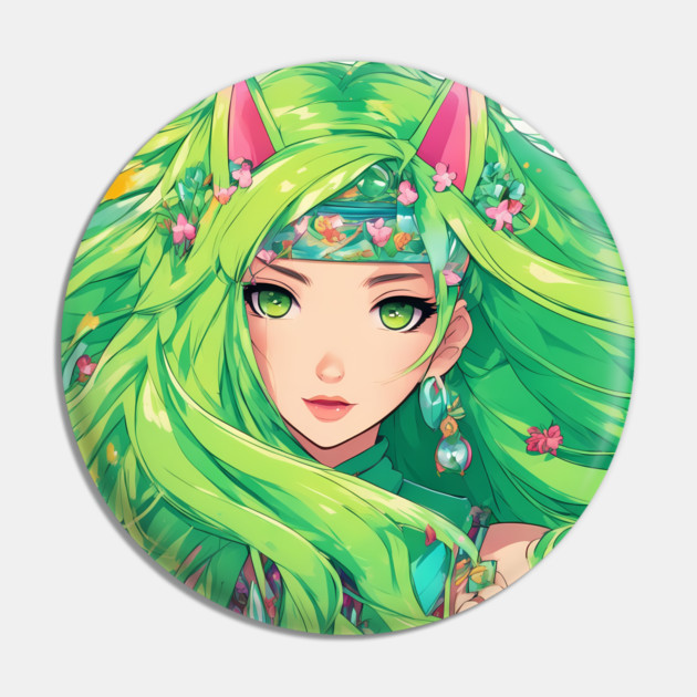 Manga Magic Whimsical Anime Girl Green Hair Pose Pin by animegirlnft